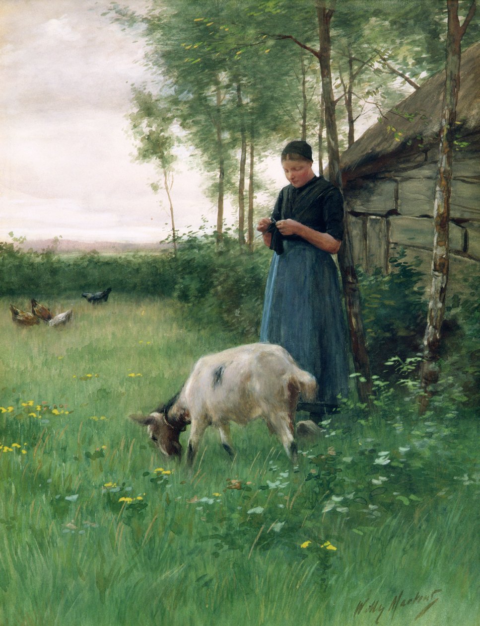 ヤギと鶏をもつオランダの少女、1910年頃 作： ウィリーマーテンス