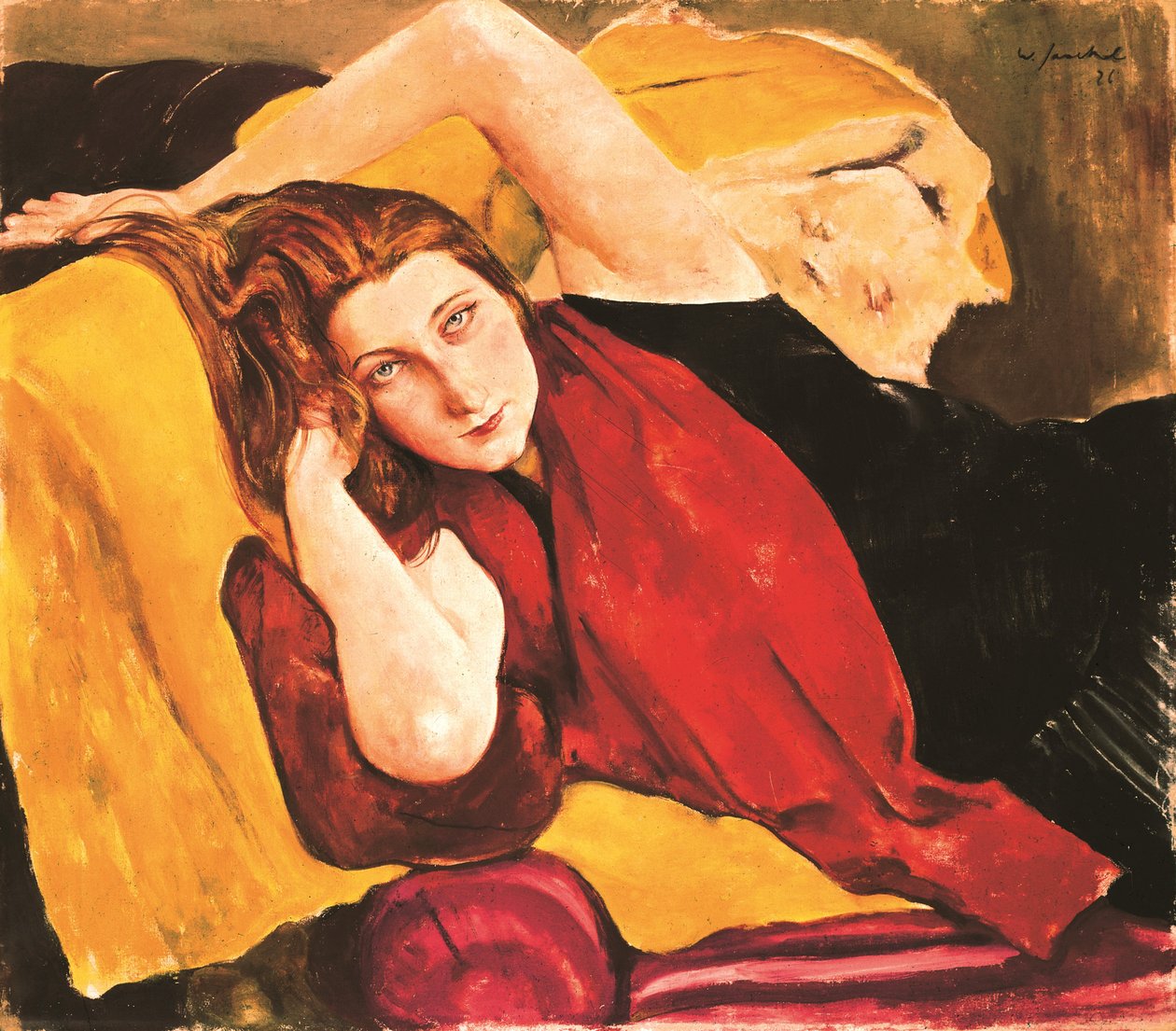 赤いストールを持つ少女の肖像画 - 赤いスカーフを持つ少女の肖像画、Jaeckel, Willy (1888-1944) 作。 キャンバスに油彩 作： ウィリー・ジャッケル