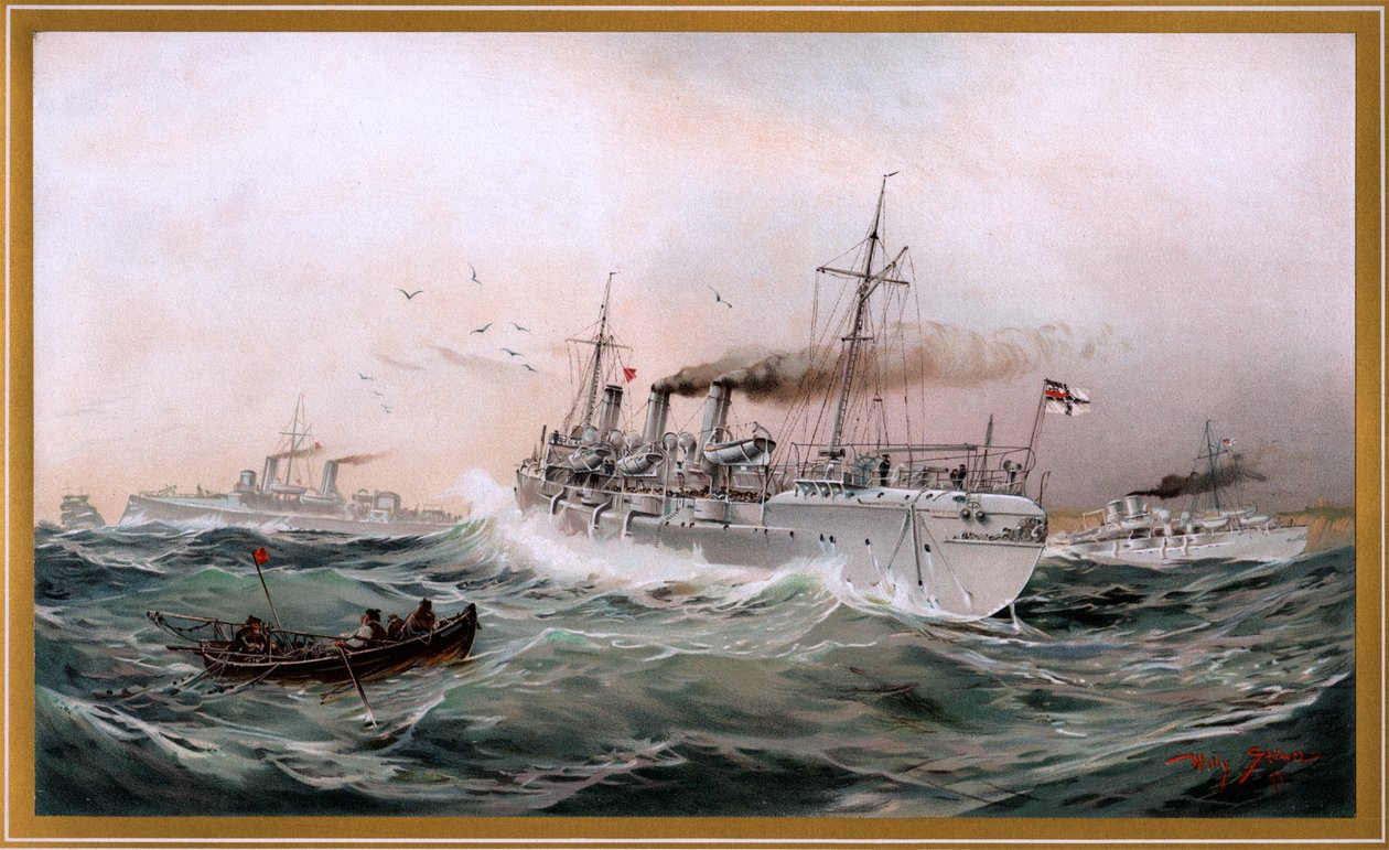 Kaiserliche Marine Griffin、Meteor、Jagd が胸の町を見渡す、Willy Stöwer によるクロモリトグラフ、1894 年、G. Wislicenus、Unsre Kriegsmarine から nr9。 作： ウィリー・ストーワー