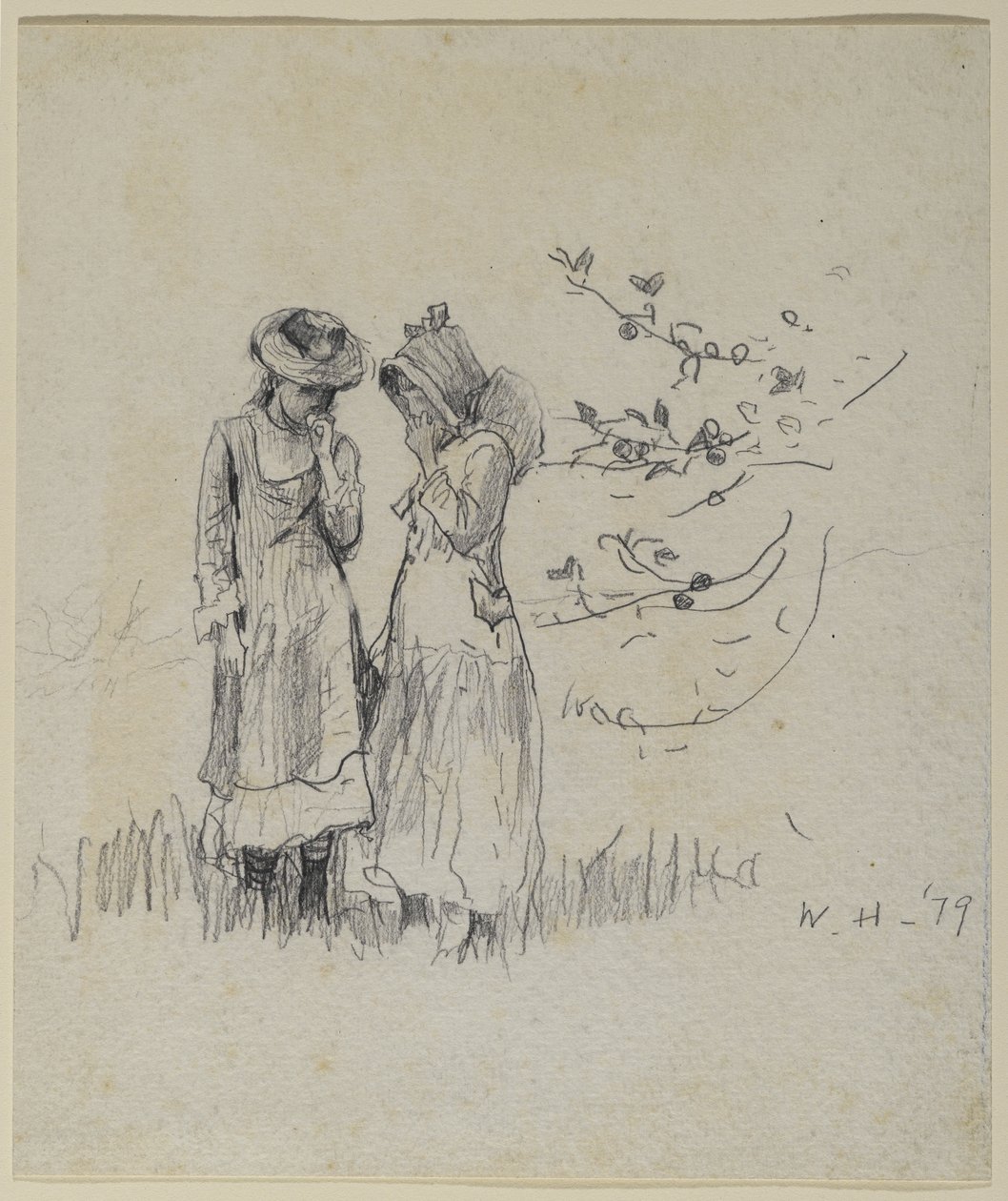 1879年の野原の2人の少女（紙に書かれた黒鉛） 作： ウィンスロー・ホーマー