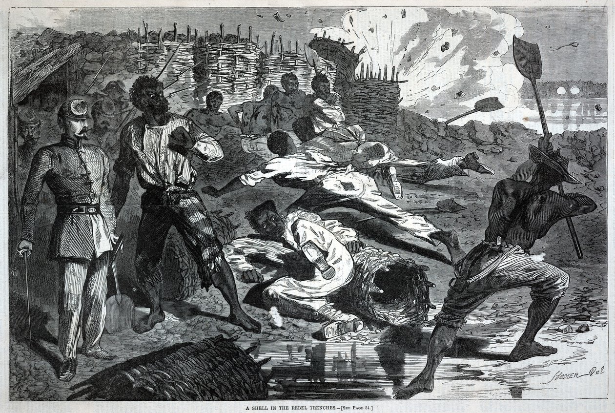 『反乱軍の塹壕に落ちた砲弾』――『ハーパーズ・ウィークリー』1863年1月17日号より 作： ウィンスロー・ホーマー