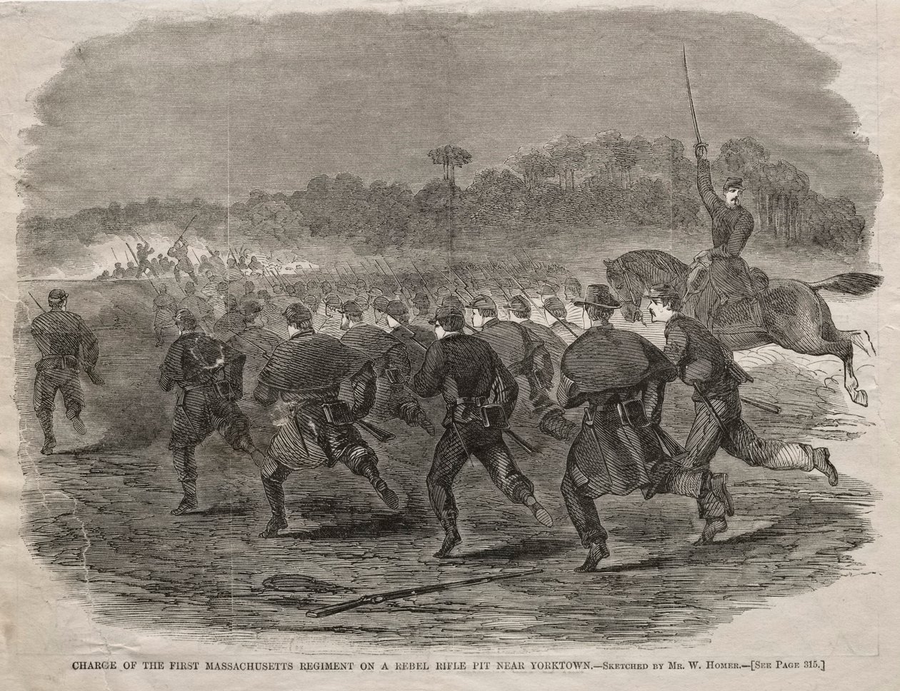 1862年、ヨークタウン近くの反乱ライフルピットに最初のマサチューセッツ連隊が配備された。 作： ウィンスロー・ホーマー