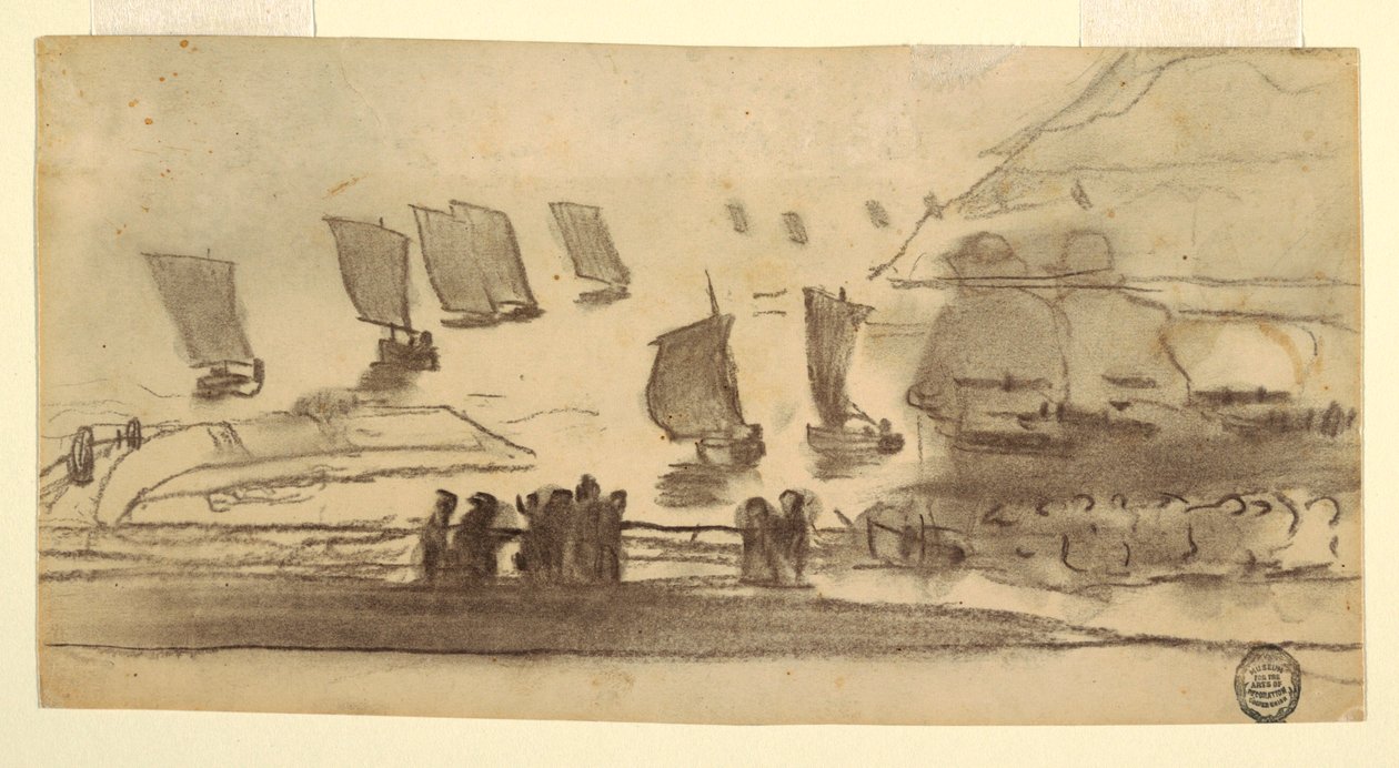 素描《漁船と人々のいる浜辺の情景》カラーコーツ、イギリス、1881-82年 作： ウィンスロー・ホーマー