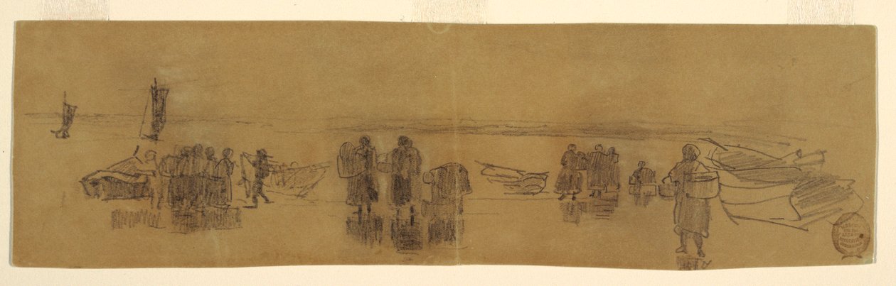素描、4隻の漁船が浮かぶ浜辺、カラーコーツ、イギリス、1881-82年 作： ウィンスロー・ホーマー
