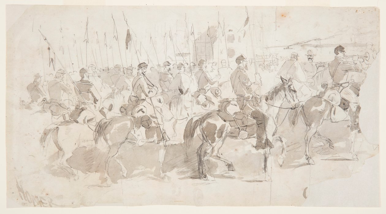 1862年4月2日、アレクサンドリアからオールド・ポイント・コンフォートへ向かうマクレラン将軍の騎兵第6連隊の図面。 作： ウィンスロー・ホーマー