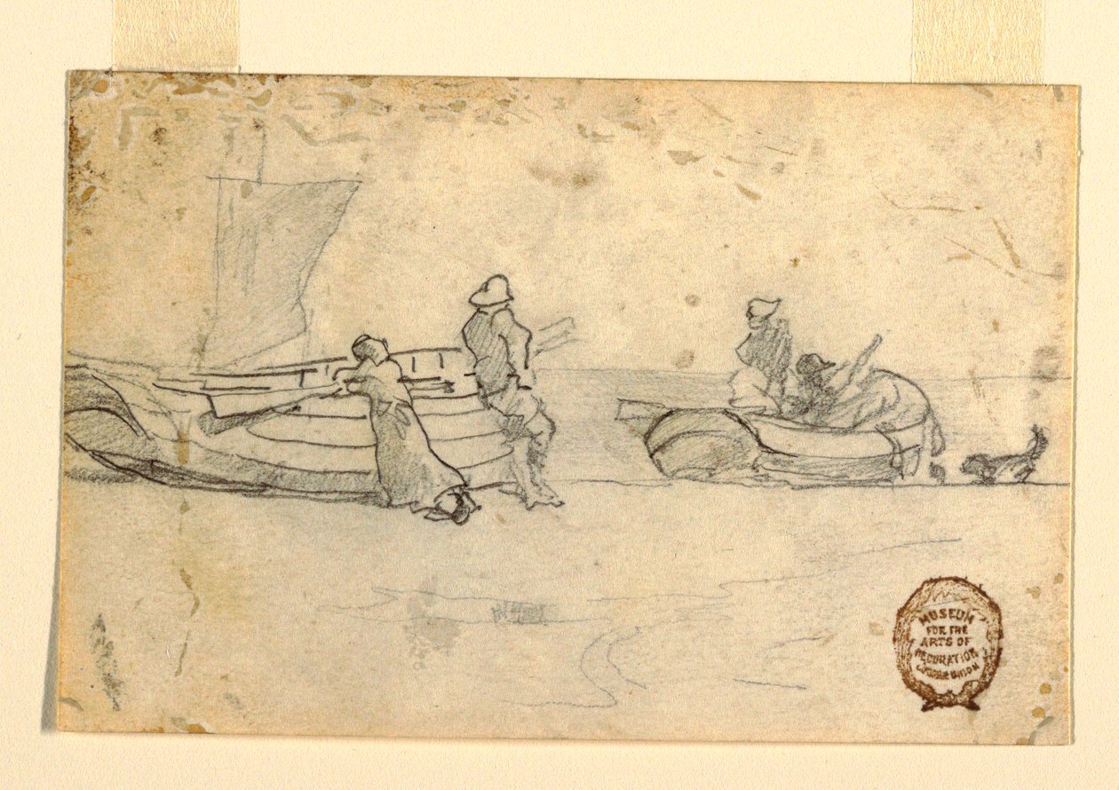 素描《浜辺に浮かぶ2隻のボートと人物》カラーコーツ、イギリス、1881-82年 作： ウィンスロー・ホーマー