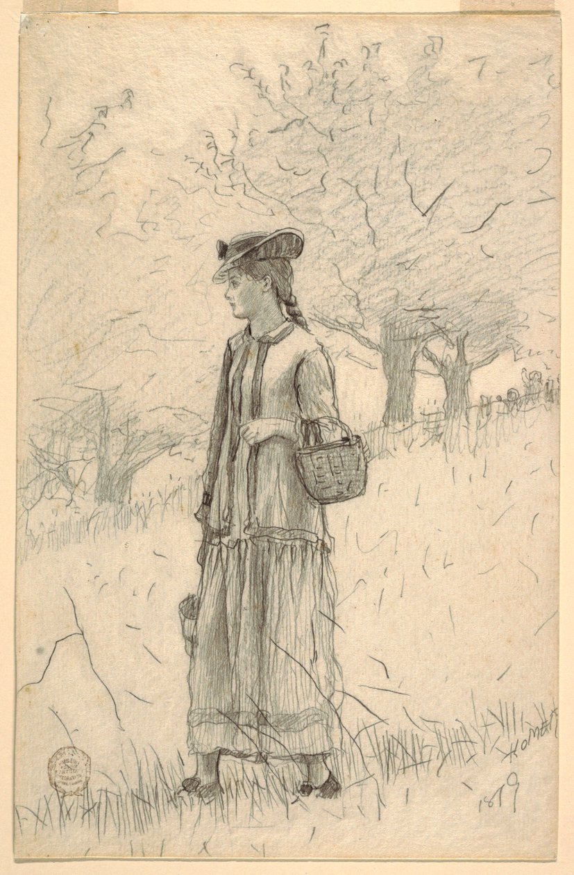 素描《野原を歩く若い女性》1879年 作： ウィンスロー・ホーマー