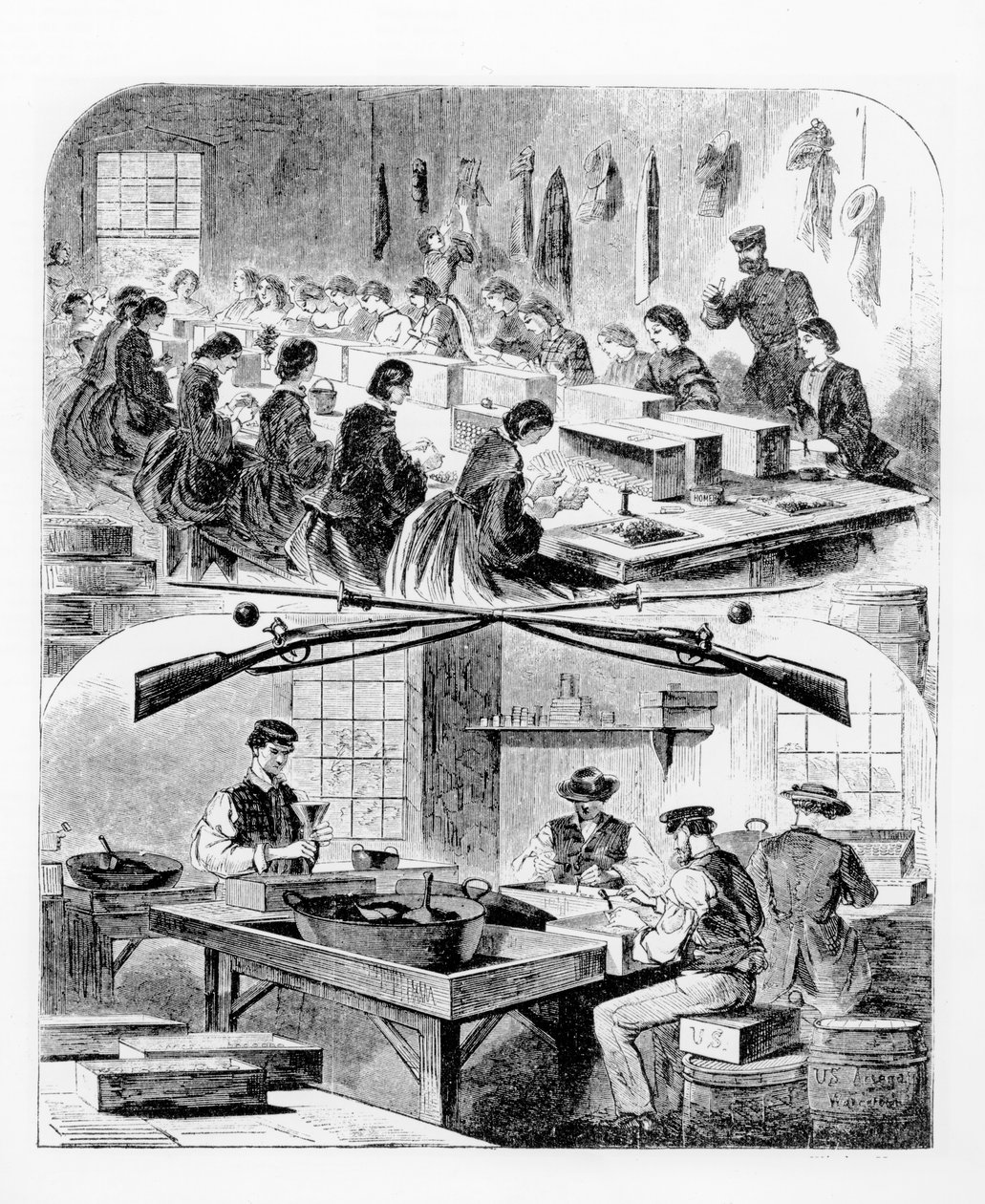 1860年代、マサチューセッツ州ウォータータウンの兵器庫にカートリッジを充填 作： ウィンスロー・ホーマー
