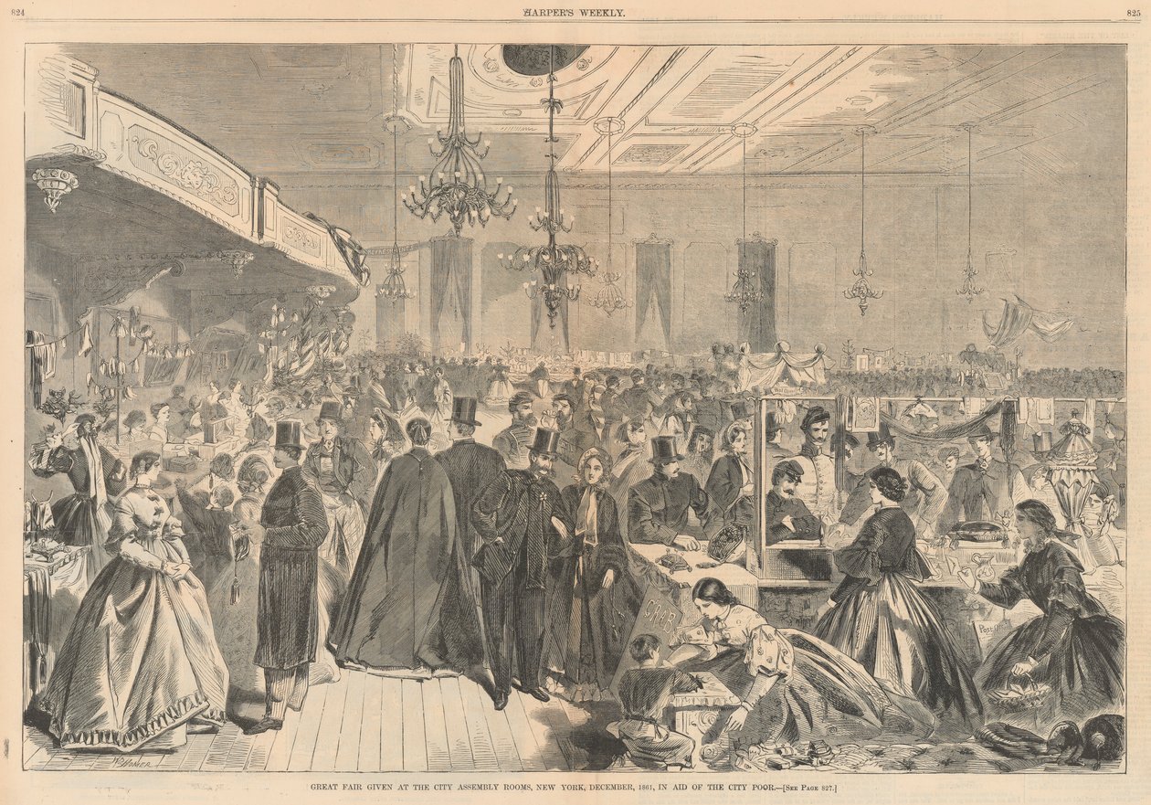 1861 年 12 月、ニューヨーク市の集会室で、市の貧しい人々を支援するための大博覧会。 ハーパーから 作： ウィンスロー・ホーマー