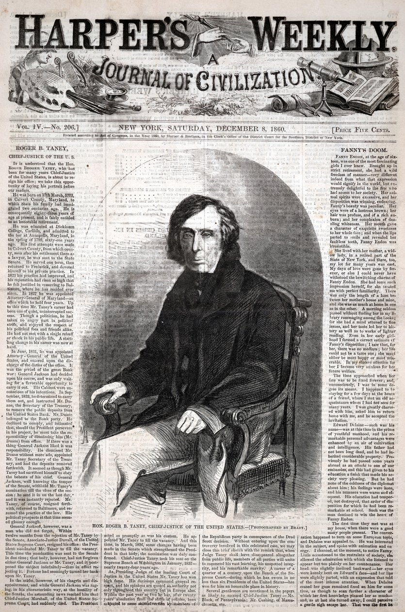 ロジャー・B・トーニー閣下、アメリカ合衆国最高裁判所長官、1860年12月8日付『ハーパーズ・ウィークリー』より 作： ウィンスロー・ホーマー
