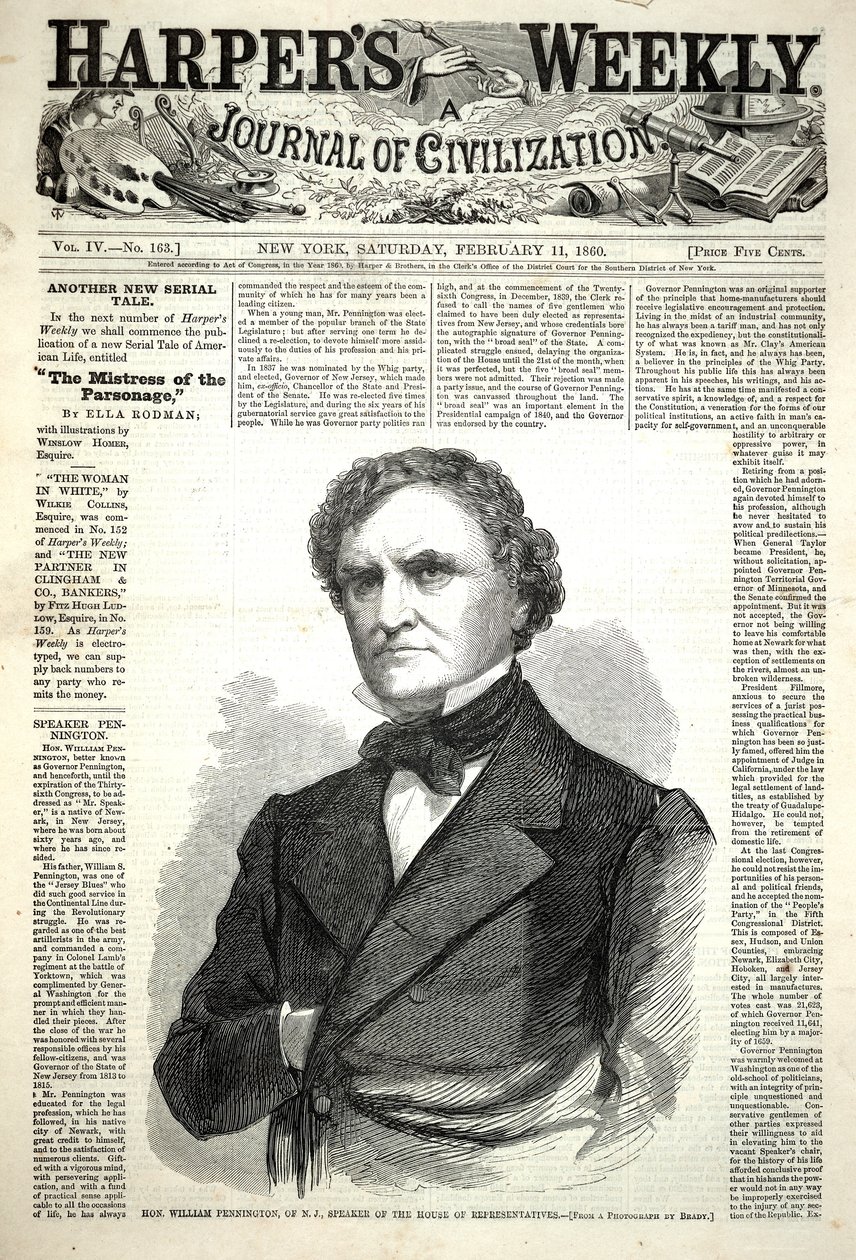 ニュージャージー州選出のウィリアム・ペニントン下院議長（『ハーパーズ・ウィークリー』1860年2月11日号より） 作： ウィンスロー・ホーマー