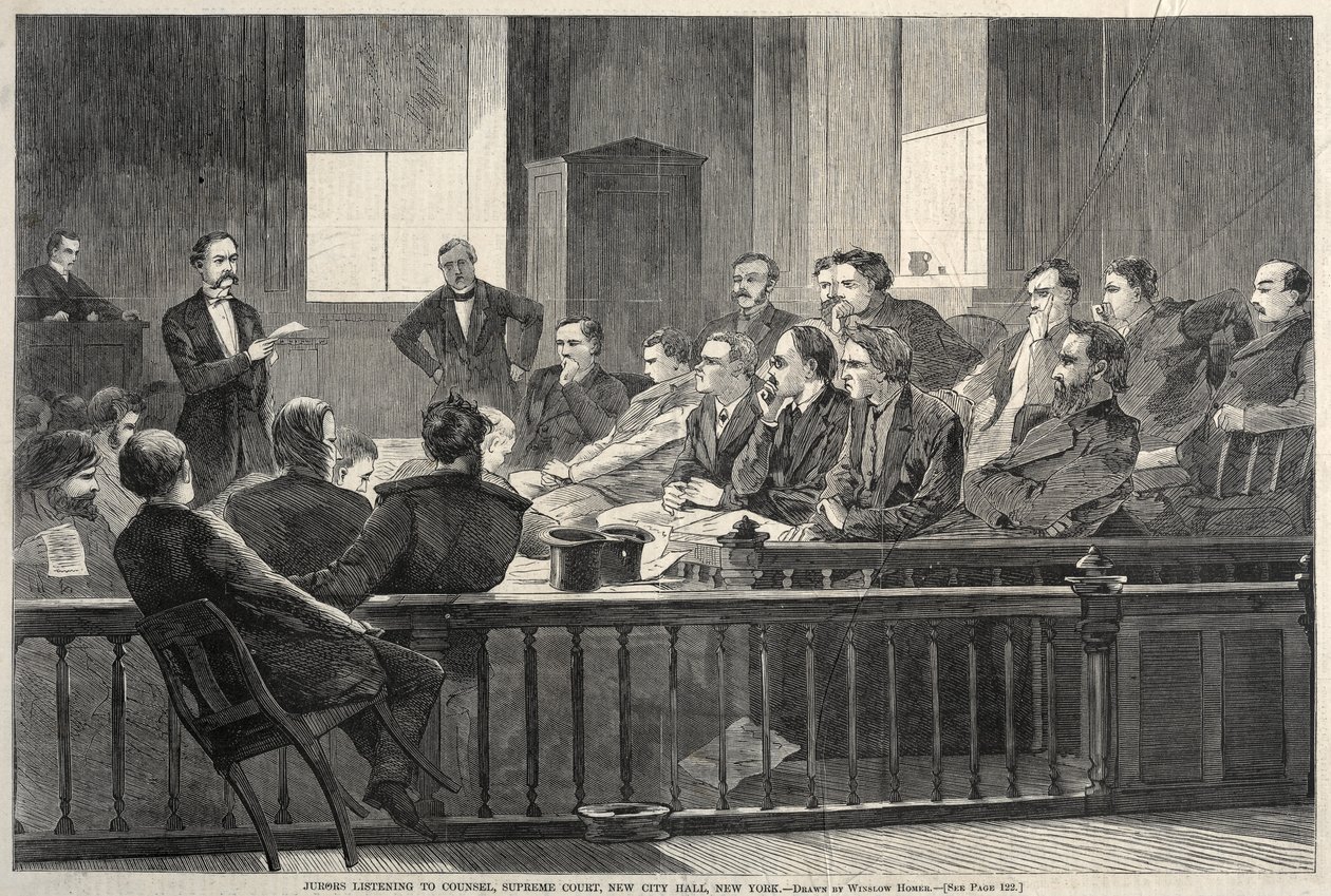 裁判官、最高裁判所、ニューヨーク市庁舎、ニューヨーク、1869年。 作： ウィンスロー・ホーマー