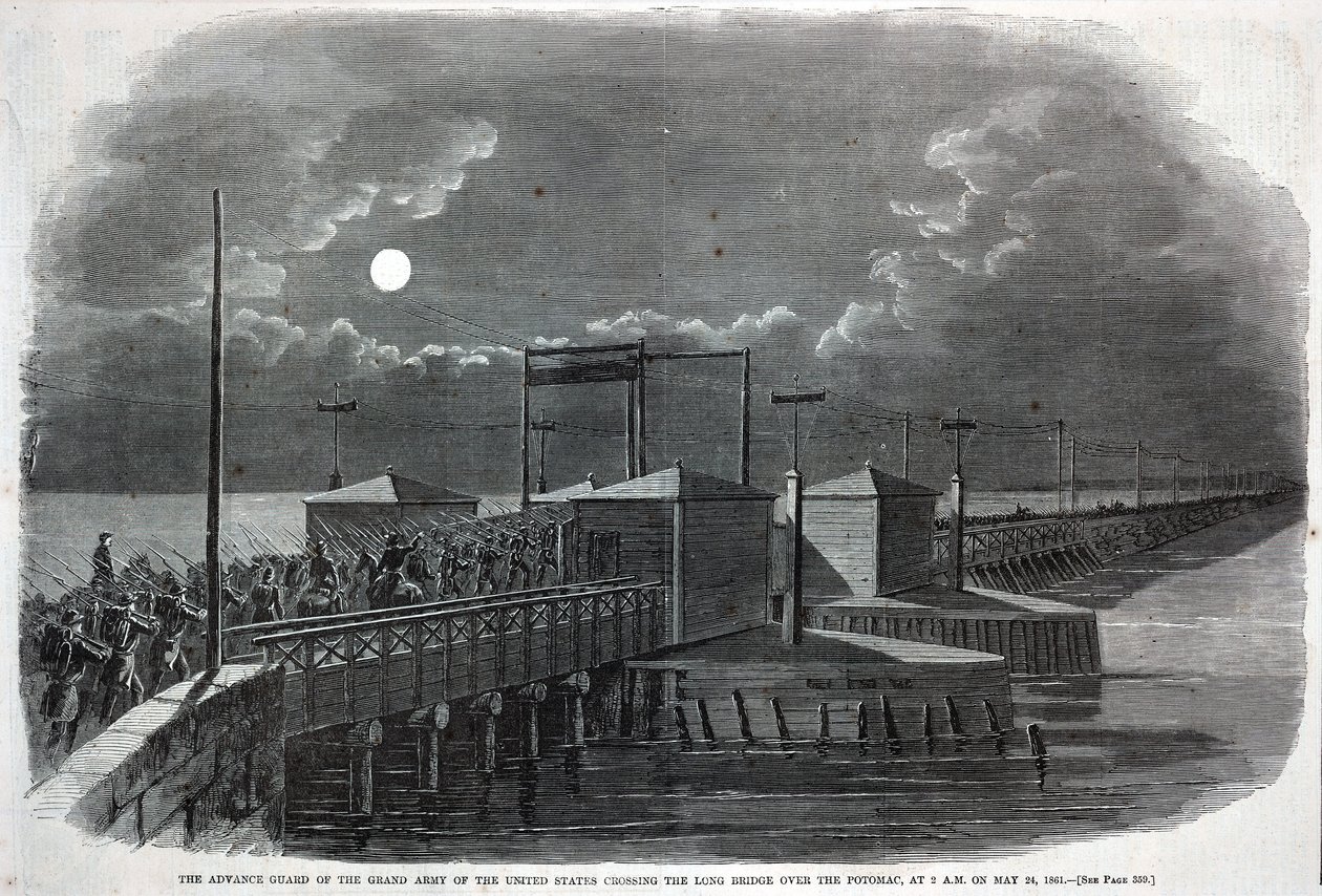 1861年5月24日午前2時、ポトマックにかかるロングブリッジを渡る合衆国大軍の先遣隊（1861年6月8日付『ハーパーズ・ウィークリー』誌より 作： ウィンスロー・ホーマー