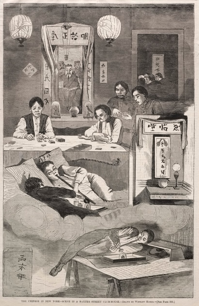ニューヨークの中国人-バクスターストリートクラブハウスのシーン、1874。 作： ウィンスロー・ホーマー