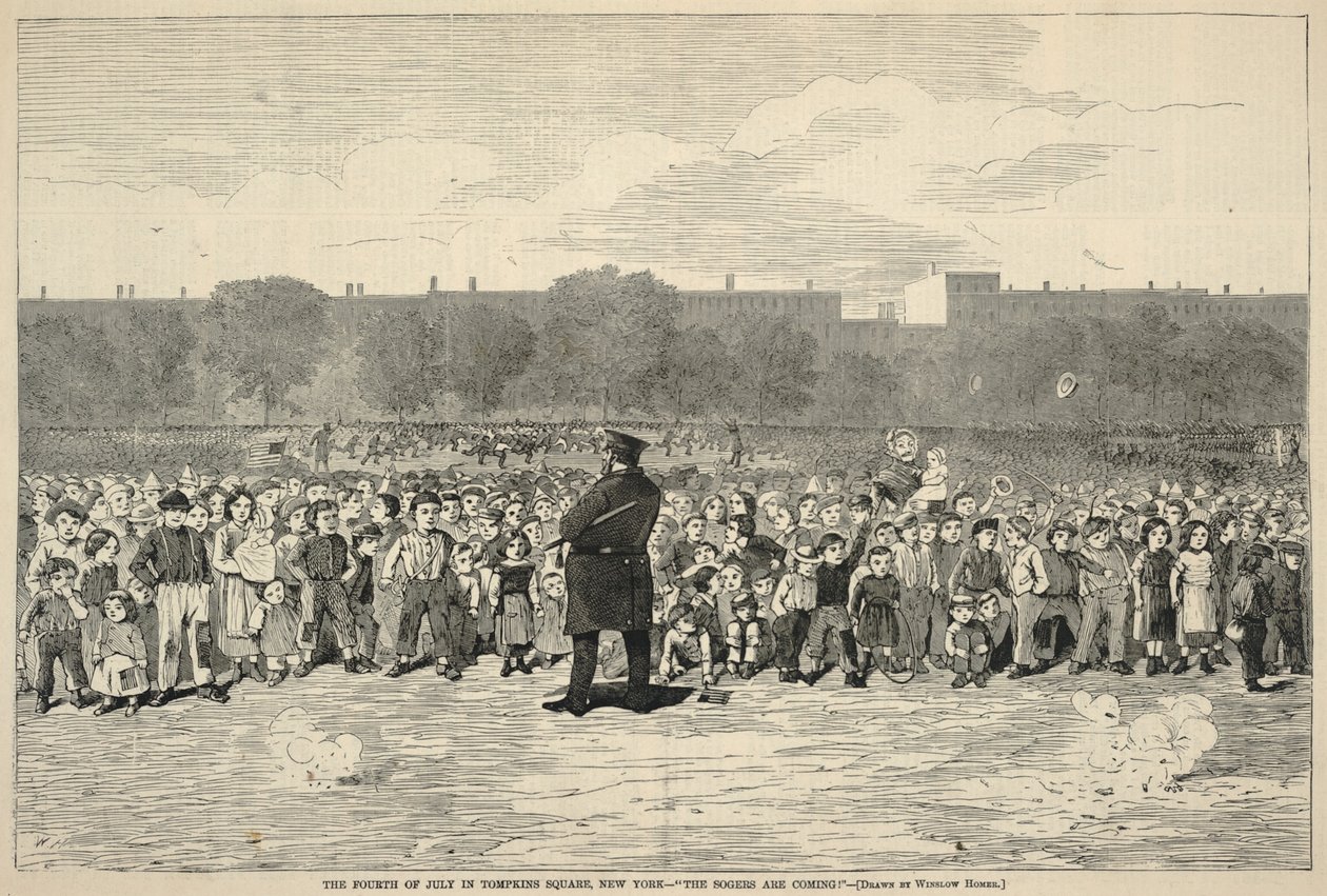 ニューヨーク、トンプキンス・スクエアの7月4日--"The Sogers Are Coming!"（1868年7月11日、Harper