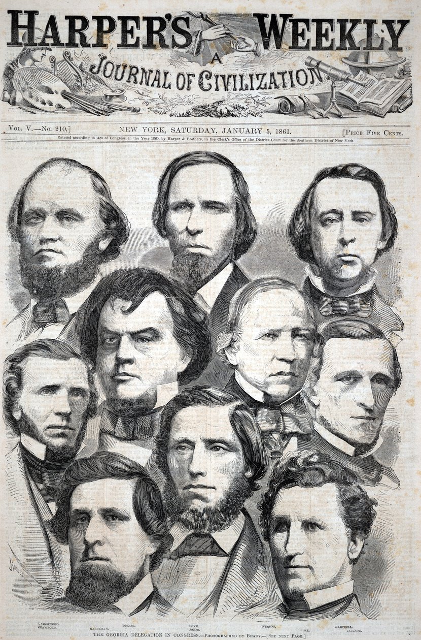 連邦議会におけるジョージア州代表団 ― 撮影：ブレイディ、『ハーパーズ・ウィークリー』1861年1月5日号より 作： ウィンスロー・ホーマー