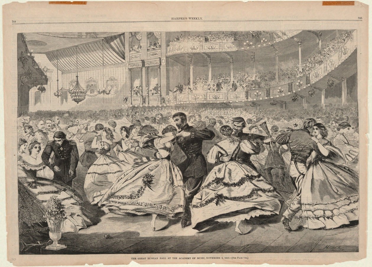 1863年11月5日、アカデミー・オブ・ミュージックでの大ロシア舞踏会、『ハーパーズ・ウィークリー』1863年11月21日号より 作： ウィンスロー・ホーマー