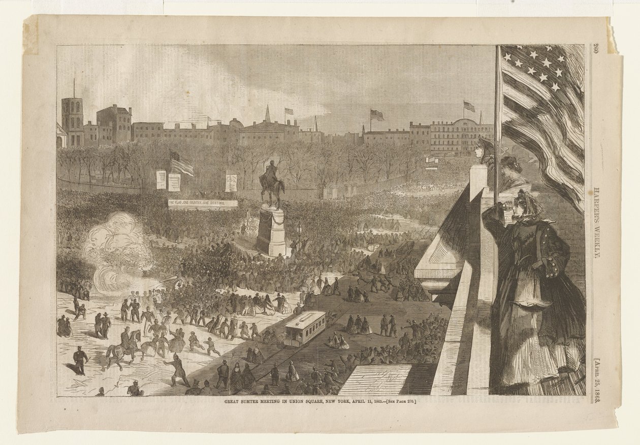 1863年4月11日、ニューヨークのユニオン・スクエアで開催された「グレート・サムター集会」 作： ウィンスロー・ホーマー