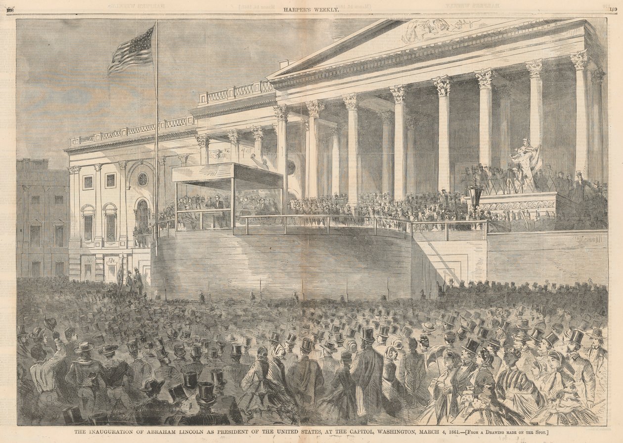 1861 年 3 月 4 日、ワシントン州議会議事堂でのアメリカ合衆国大統領としてのエイブラハム リンカーンの就任式。 ハーパーから 作： ウィンスロー・ホーマー