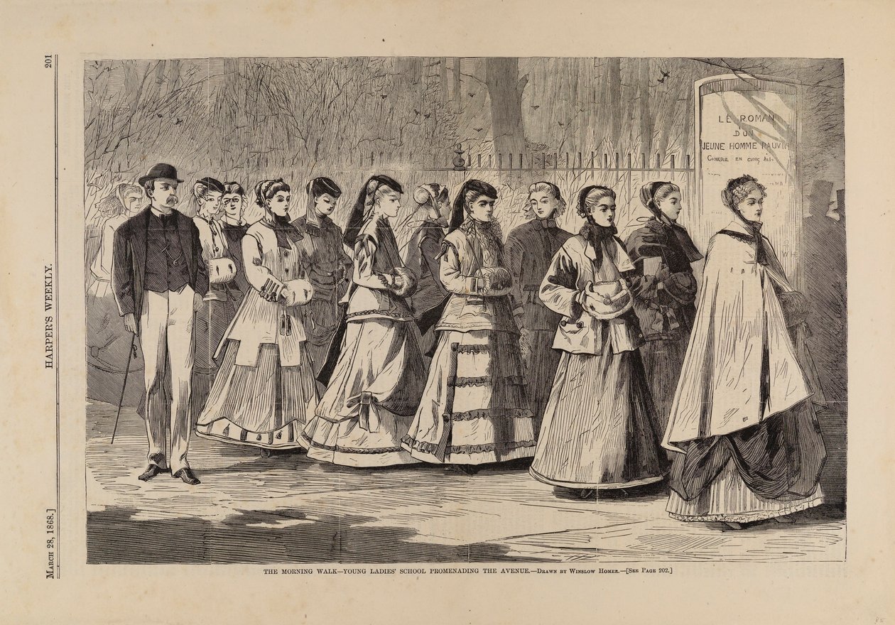 朝の散歩--大通りを行進する若い婦人学校（『ハーパーズ・ウィークリー』1868年3月28日号より 作： ウィンスロー・ホーマー