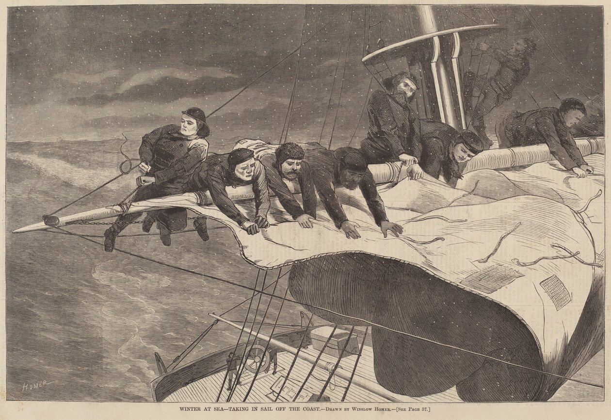 Winter at Sea - Taking in Sail Off the Coast』（1869年刊）。 作： ウィンスロー・ホーマー