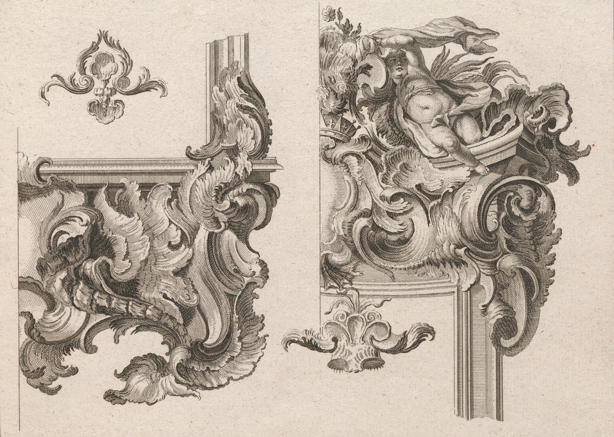 祭壇枠の右下と右上の装飾についての提案、1750年から56年頃の印刷。 作： Wolffgang Christoph Mayr