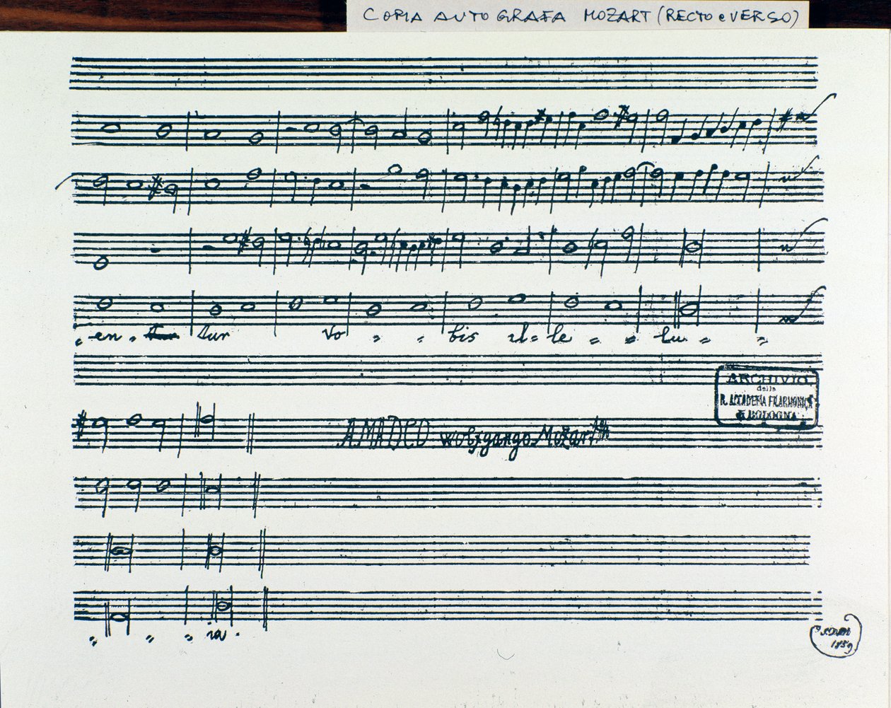 モーツァルトがアカデミア・フィラルモニコの称号を得るために作曲した「Querite primum regnum Dei」の楽譜ページ、マルティーニ神父が修正したバージョン（1770年）。 作： ヴォルフガング・アマデウス・モーツァルト