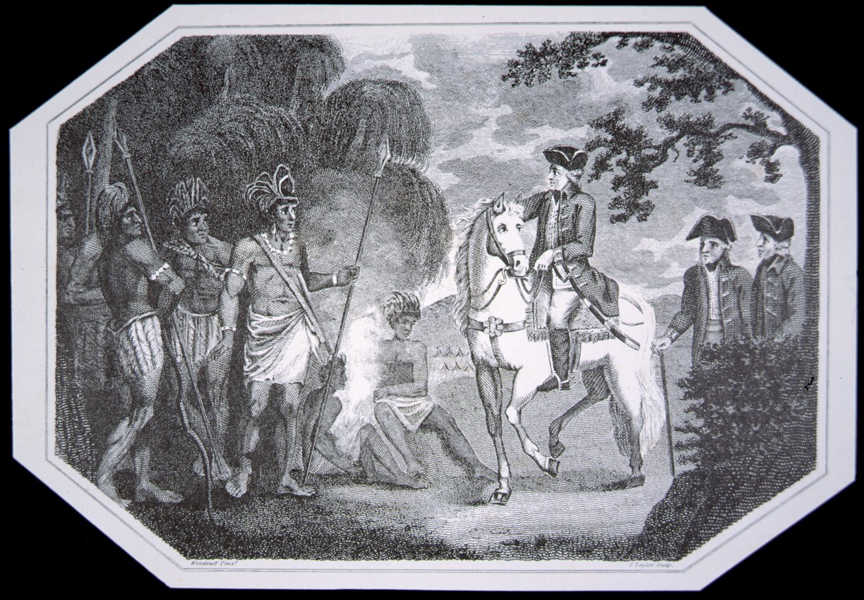 1777年のバーゴイン将軍とインディアン（デビッド・ヒュームとトビアス・スモレットの「The History of England」より、J.テイラーの刻印、ロンドン発行 作： ウッドラフ（後）