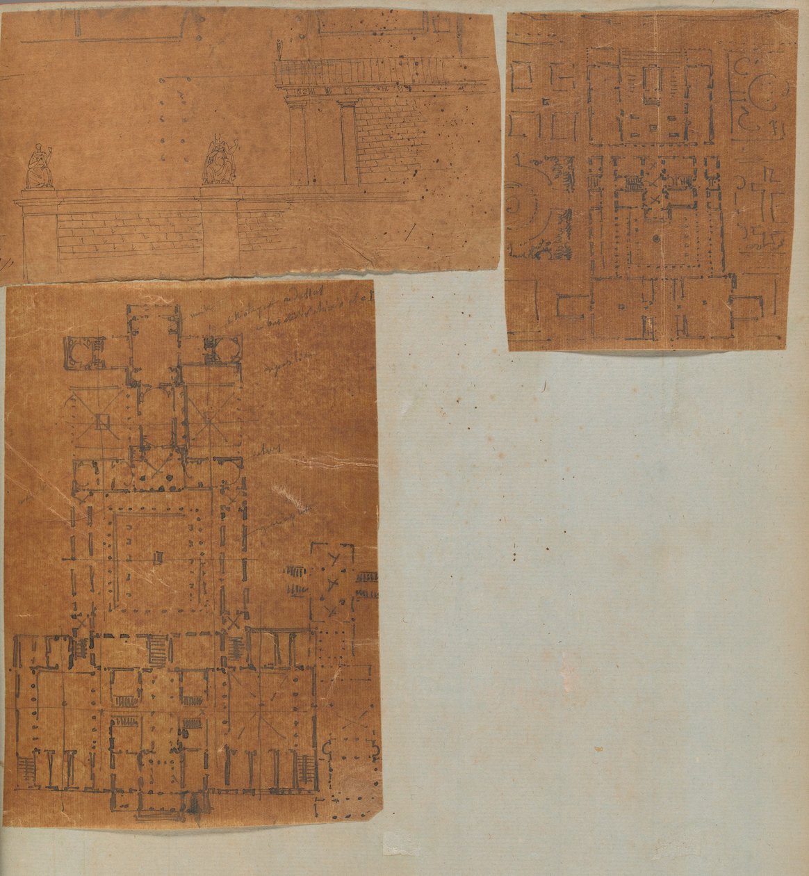 建築・インテリアのドローイングと数枚のプリントを収めたスクラップブックのページ（1800年頃～1850年頃）。制作者シャルル・ペルシエの工房、ピエール・フランソワ・レオナール・フォンテーヌの工房。 作： シャルル・ペルシエのワークショップ、ピエールのワークショップ