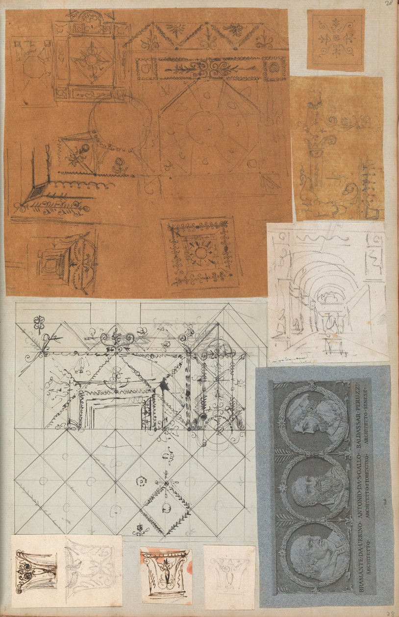 建築・インテリアのドローイングと数枚のプリントを収めたスクラップブックのページ（1800年頃～1850年頃）。制作者シャルル・ペルシエの工房、ピエール・フランソワ・レオナール・フォンテーヌの工房。 作： シャルル・ペルシエのワークショップ、ピエールのワークショップ