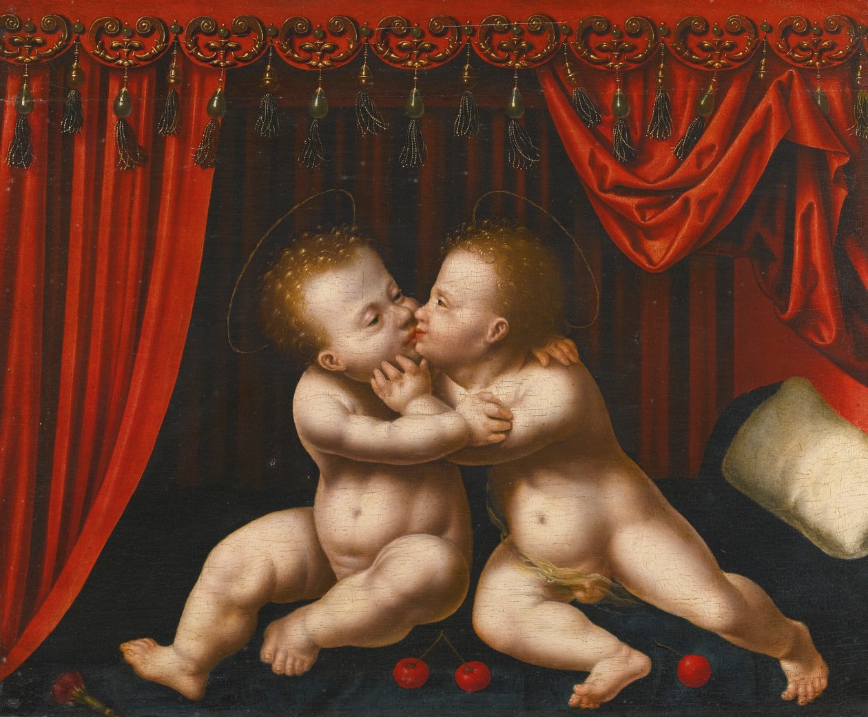 オランダ語: Christus en Johannes de Doper als kinderen 幼子キリストとバプテスマのヨハネが抱き合う。 作： ヨース・ファン・クリーブのワークショップ