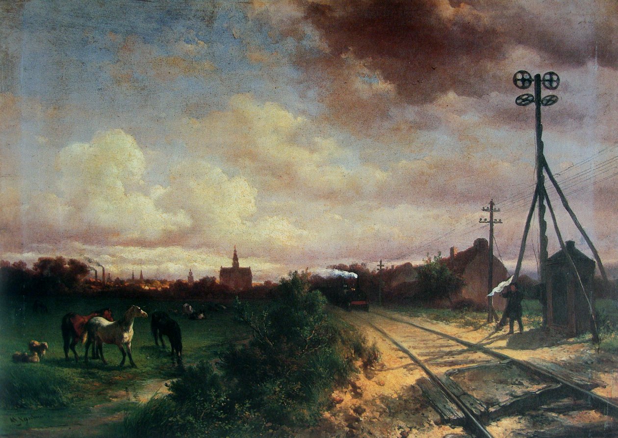馬、電車、旗を持ったシグナルマンのいるフィールドの絵 作： Wouterus Verschuur
