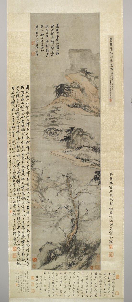 遠くの山々のある小川を歩く老人、1706年（紙にインクと色） 作： ウー・リー
