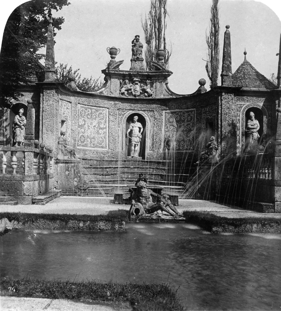 噴水、ヘルブルン城、ザルツブルク、オーストリア、c1900。 作： ワースレと息子