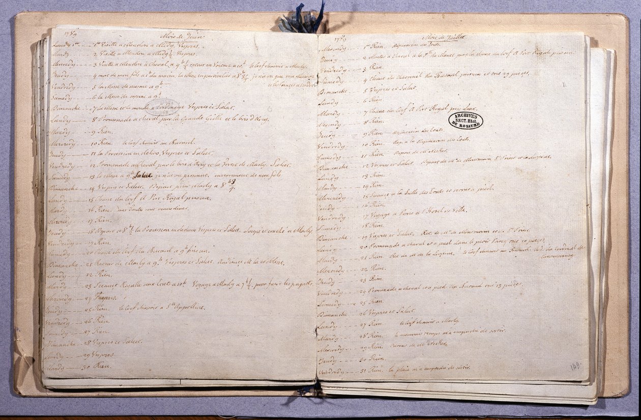 ルイ16世の日記。1789年6月と7月の月報。17X21cmのノート。国立公文書館パリ 作： XVIルイ