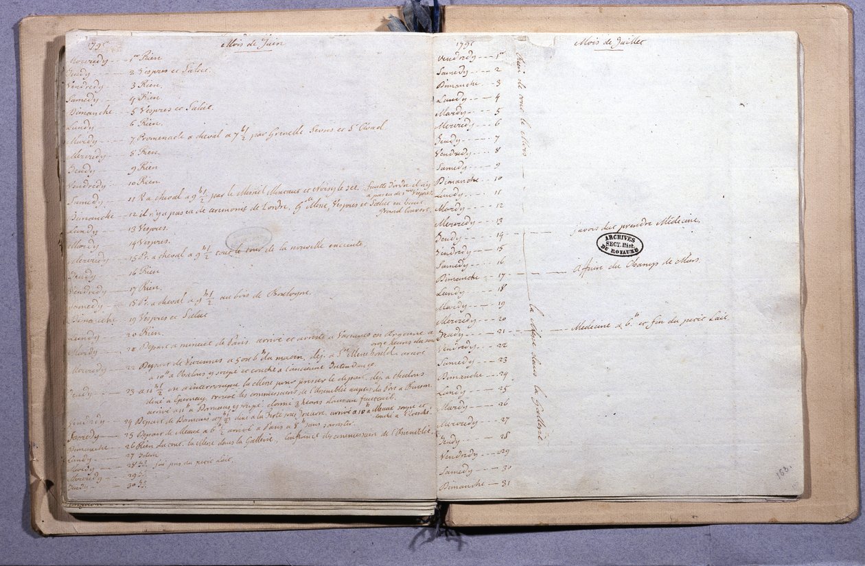 ルイ16世の日記。1791年6月と7月の月。17X21cmのノート。国立公文書館パリ 作： XVIルイ