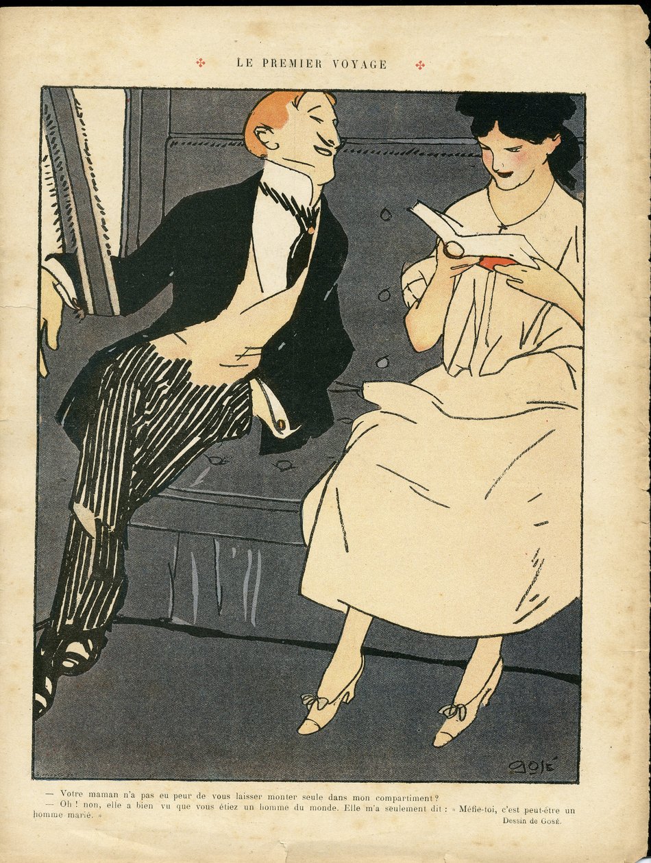 ザビエル ゴーゼ (1876-1915) のイラスト、ル リール、27/08/10 - 最初の旅 - 鉄道、メンズファッション、姦通 作： ザビエル・ゴセ