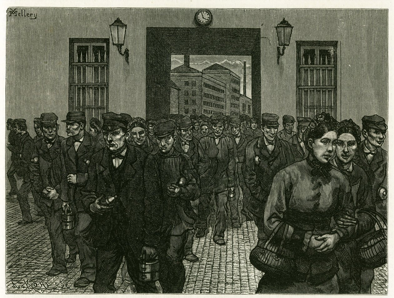 ゲントの工場の出口。美術評論家・作家のカミーユ・ルモニエ（1844-1913）が1888年に発表した物語「ベルギー」の挿絵として、X.メレリーが自然を模写して描いたもの。エドワード・シャルトン（1807-1890）編集の『Tour du monde』（1883年第2学期）に掲載。 作： グザヴィエ・メルリー