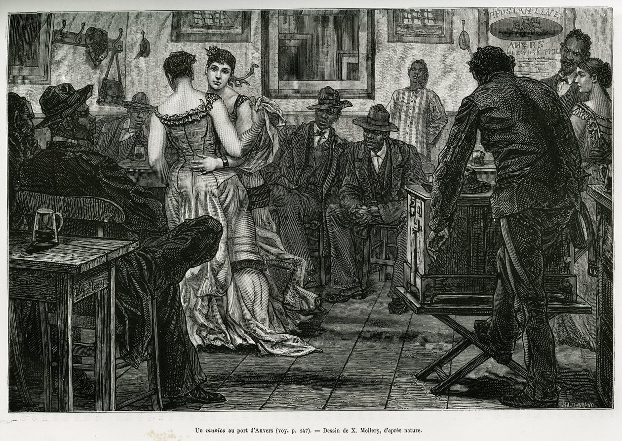 Ein Musiker im Hafen von Antwerpen, wo Matrosen trinken und zum Klang der Drehorgel tanzen können. Gravur von X. Mellery, um die Geschichte von Belgien zu illustrieren, von Camille Lemonnier, veröffentlicht in Le tour du monde, herausgegeben von Edouard Ch von Xavier Mellery