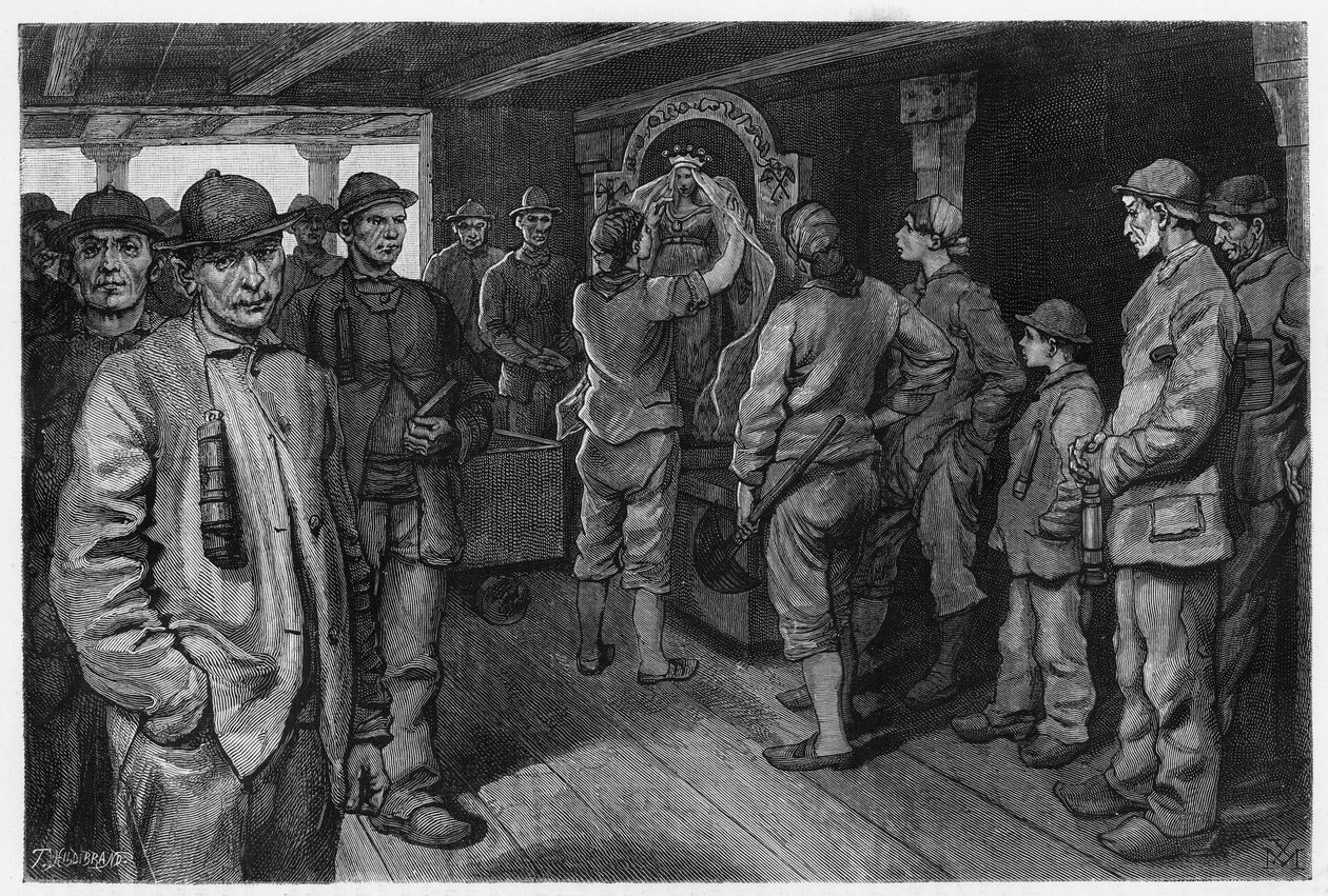 Köhler, die die Statue der Heiligen Barbara, Schutzpatronin der Bergleute und Feuerwehrleute, auf der jährlichen Messe zu ihren Ehren darstellt. Gravur von X. Mellery, zur Illustration der Geschichte 