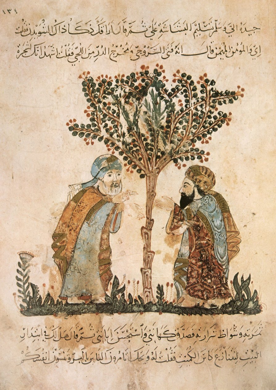 Ms Ar 5847 f.121、Abou ZaydとAl-Harithの会話、Al Maqamat、Al Hariri、c.1240（ベラムのガッシュ） 作： ヤヒヤ・イブン・マフムード・アル・ワシティ