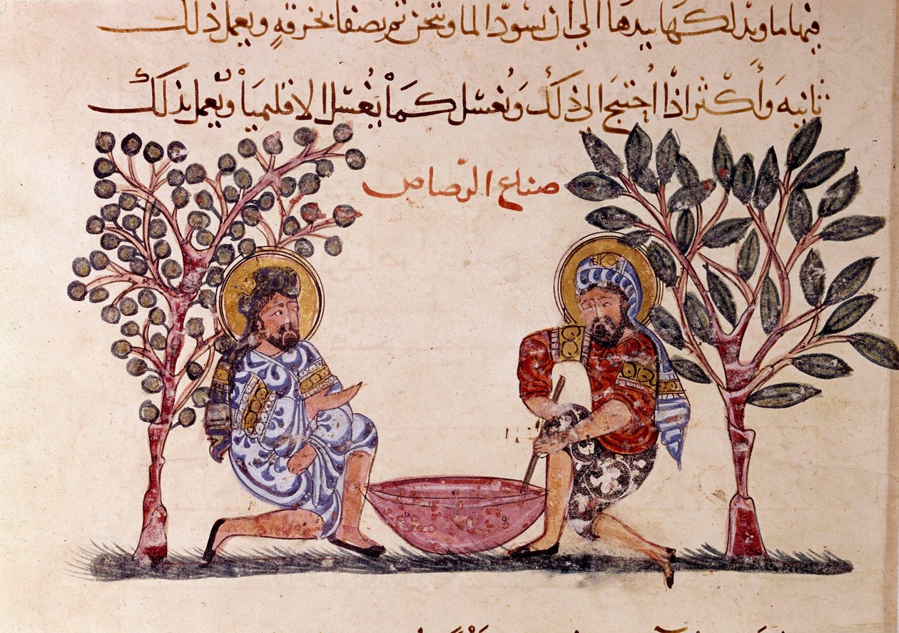 アラブの詩人Abu Mohammed al-Kasim ibn Ali Hariri (or Al-Hariri or Al Hariri) (1054-1122)による11世紀のピカレスク詩「Maqamat（降霊）」の鉛のページの作成。 作： ヤヒヤ・イブン・マフムード・アル・ワシティ