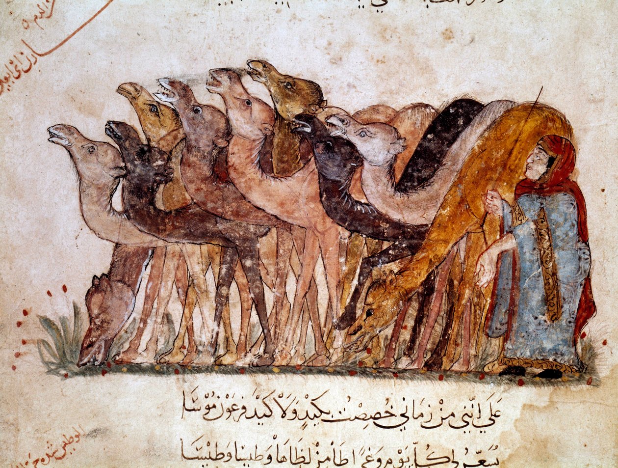 ラクダとラクダの集団、砂漠でのキャラバン。アラブの詩人Abu Mohammed al-Kasim ibn Ali Hariri (or Al-Hariri or Al Hariri) (1054-1122)がAl-Wasiti (al-Wasiti)の絵で描いた11世紀のピカレスク詩 "Maqamat"(Seances)のページ。 作： ヤヒヤ・イブン・マフムード・アル・ワシティ