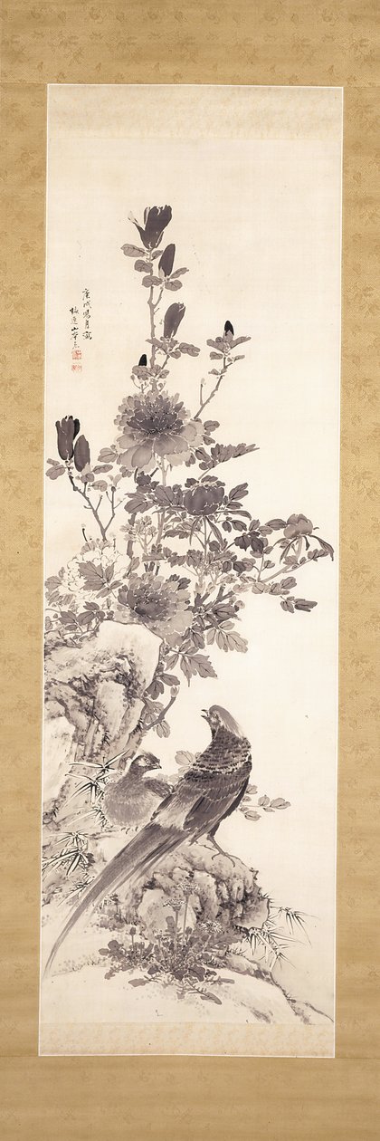 牡丹と金のキジ（シルクにインク） 作： 山本バイイツ