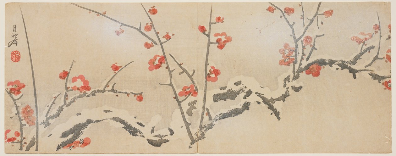 雪の中で梅を開花、1818年〜29年頃（色木版画） 作： 山岡ゲップ
