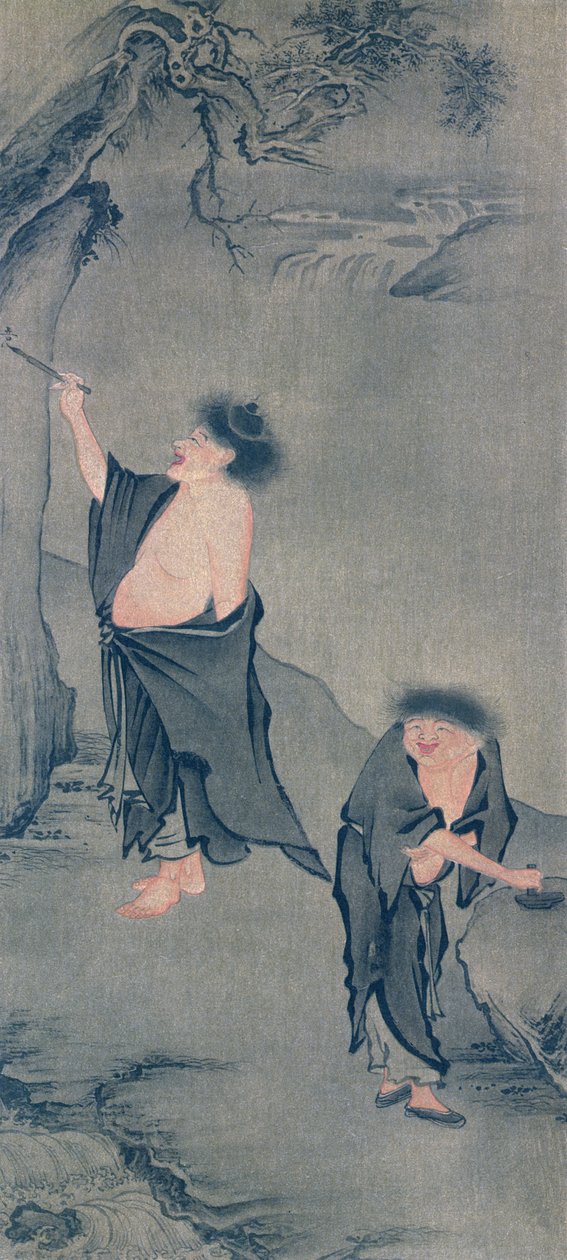 2人の中国の隠者、岩山に書いている漢山と彼のインクを準備しているShi Teは、ヤンフイの掛物に続き、1906年6月6日に日本の雑誌「The Kokka」に掲載されました 作： ヤン・ホイ