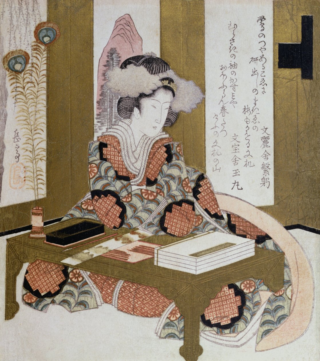 詩人、美人、書道テーブル（カラー木版画） 作： 八島学亭