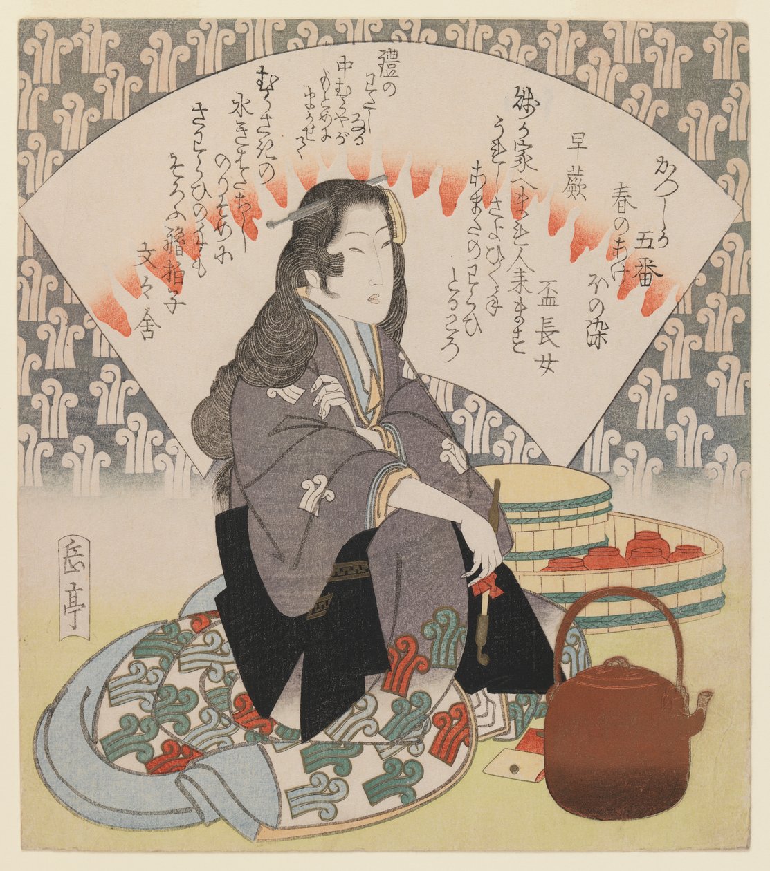 ウェイトレスと銅製のやかん葛飾詩歌クラブの5つのスリモノのシリーズ、c.1830（木版画、色紙版、豊富な金属を使用した豪華版） 作： 八島学亭