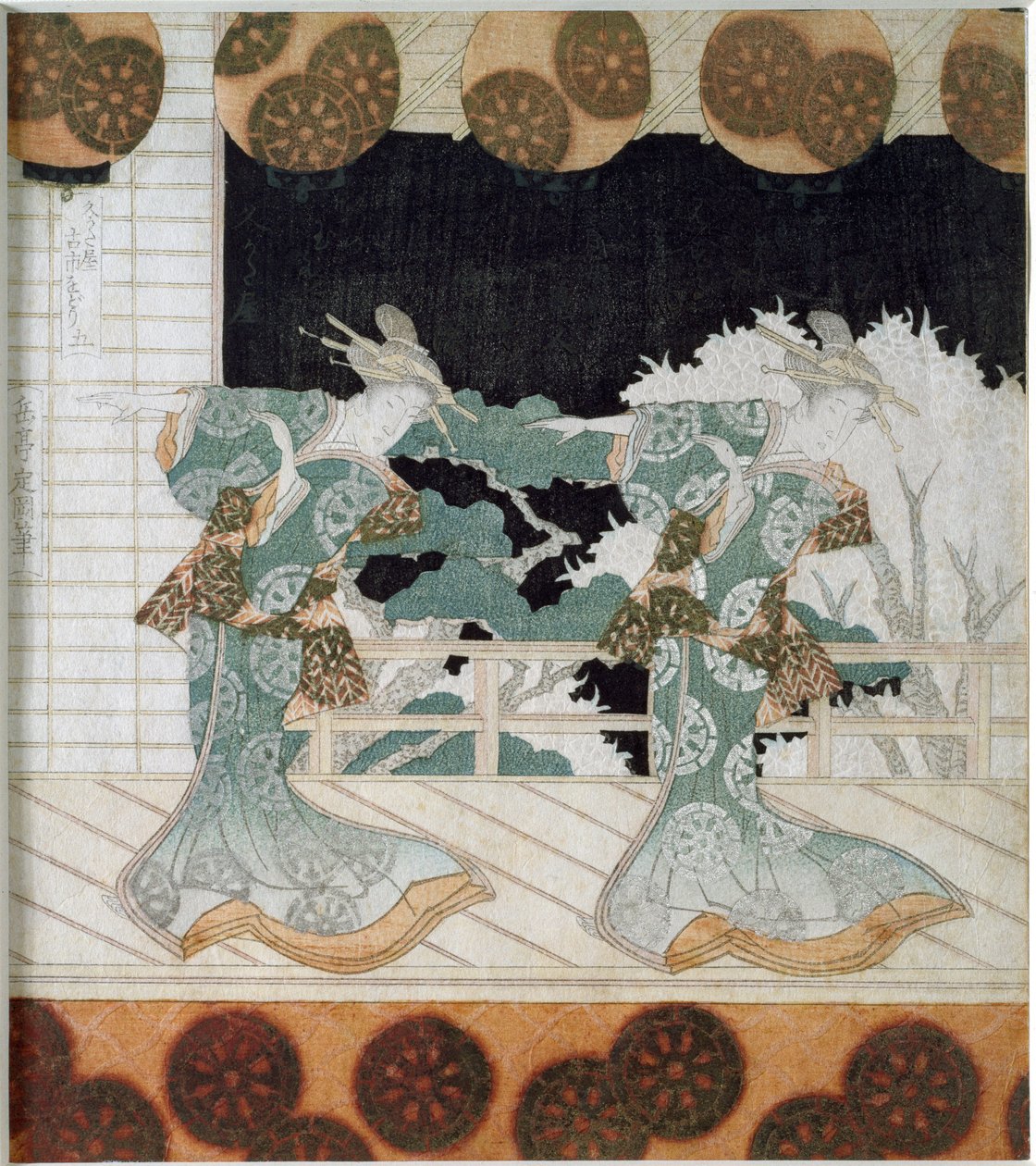伝統的な衣装を身にまとった踊り子が登場する場面 日本の版画「摺物」 矢島学亭（1786-1868） 1822年 個人蔵 作： 八島学亭