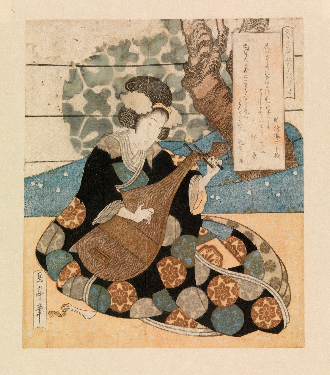 楽器を演奏する婦人 1804-40年頃 （カラー木版画） 作： 八島学亭
